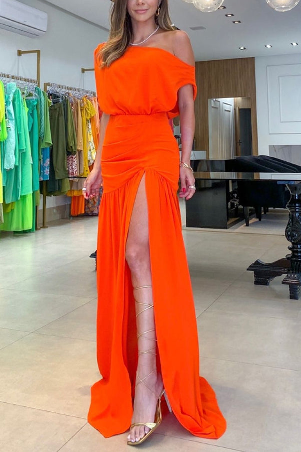 Vestido largo de fiesta Oportunidades de Medianoche asimétrico de un hombro con detalle fruncido y abertura