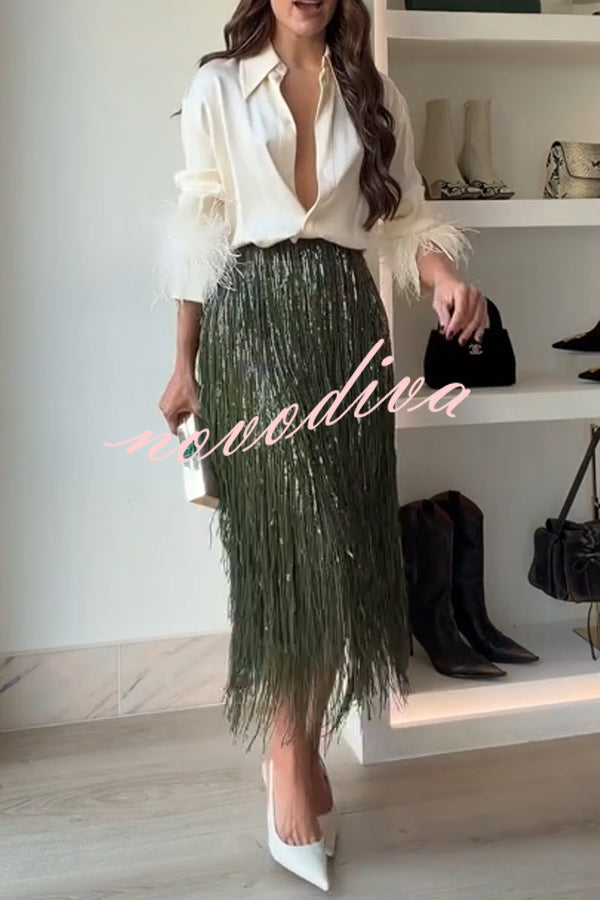 Falda midi Reina de la Fiesta con flecos de lentejuelas en capas, talle alto y cremallera trasera
