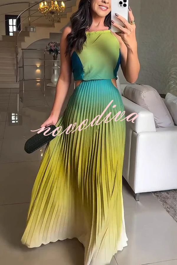 Vestido largo elegante plisado degradado con espalda descubierta y lazada