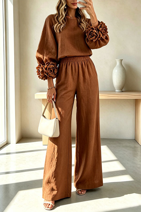 Conjunto de mezcla de lino de blusa con puños florales y pantalón con cintura elástica y bolsillos