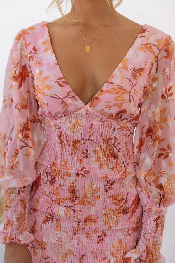 Vestido midi Garden Gathering floral con cintura fruncida elástica