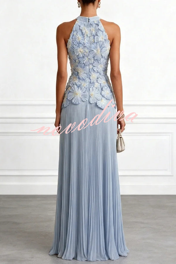 Vestido largo halter Emilie sin mangas con bordado floral 3D y bajo de gasa plisada