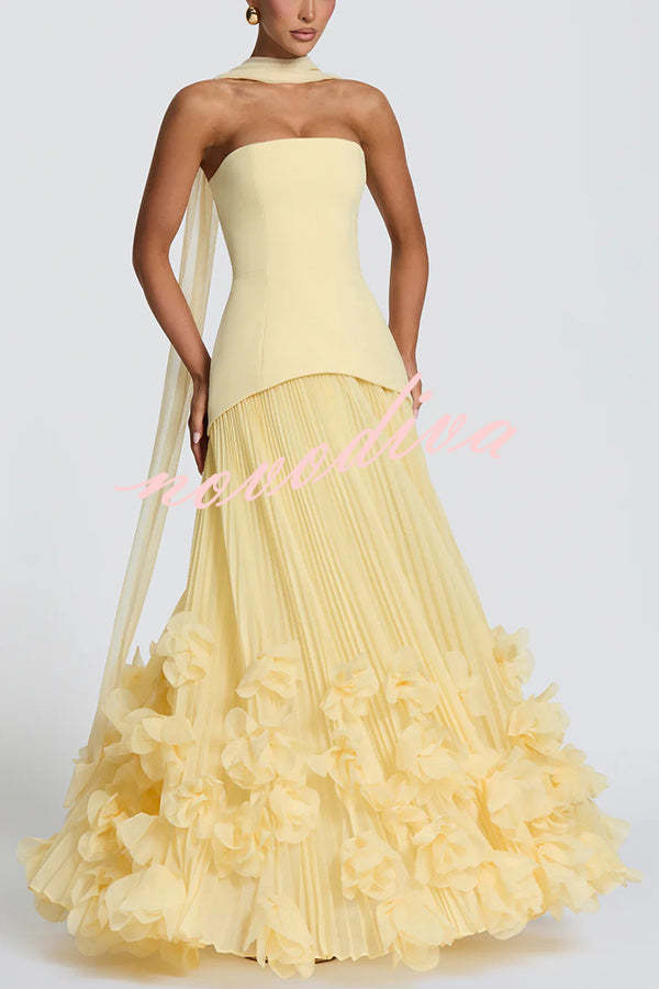 Vestido largo de gala Serafina palabra de honor con apliques florales hechos a mano, bajo plisado y lazada en la espalda