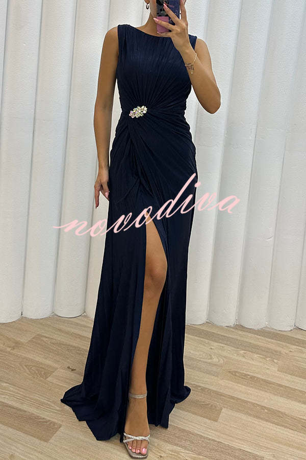 Vestido largo de noche Especialmente Bonito plisado con adornos y abertura