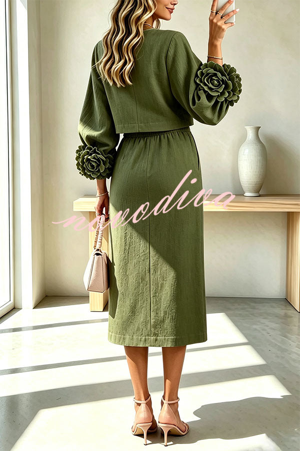 Conjunto de mezcla de lino de blusa con botones de flor y puños florales y falda midi con cintura elástica y bolsillos