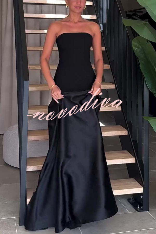 Vestido largo de gala palabra de honor de satén con paneles y vuelo, elegancia atemporal
