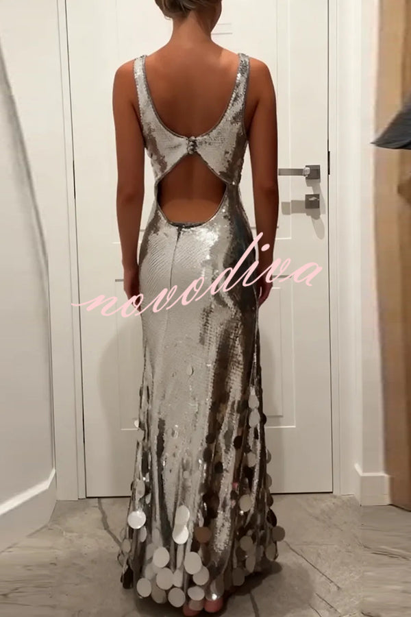 Vestido largo de tirantes Consejos de Fiesta de lentejuelas con bajo de flecos redondos irregulares y abertura en la espalda