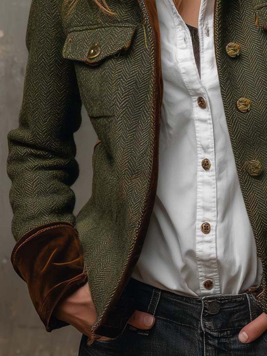 Honoria | Blazer Vintage De Espiga Con Ribetes En Contraste