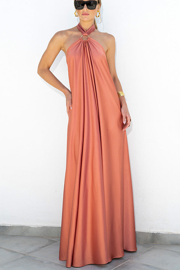 Vestido largo de fiesta/vacaciones Classy and Fabulous de satén con cuello halter y espalda descubierta