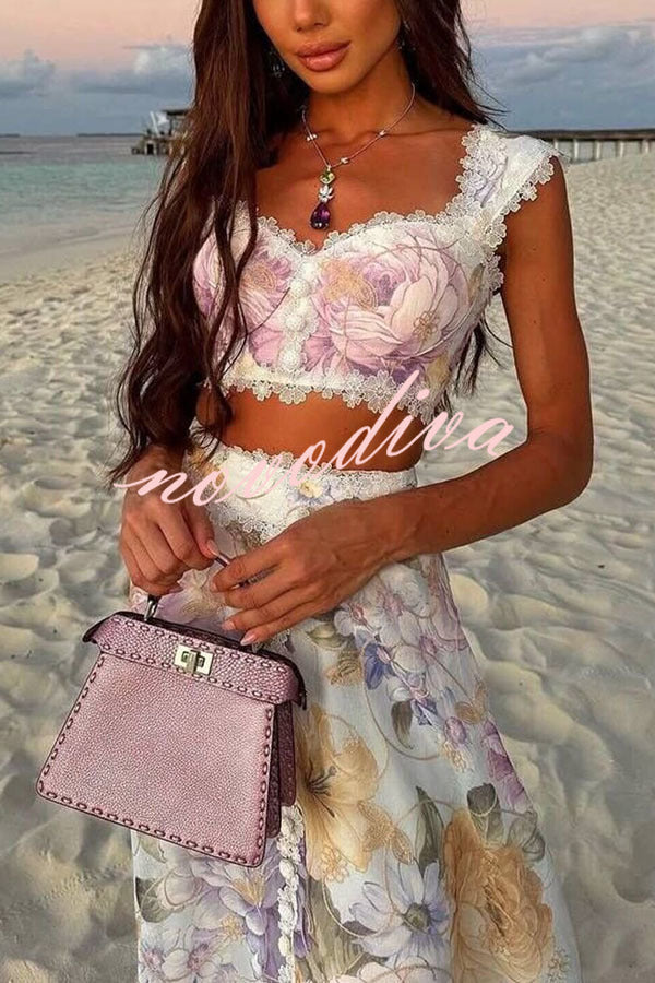 Conjunto Romántico y Bonito de top de tirantes con estampado floral, ribete de encaje y escote corazón y falda larga de talle alto