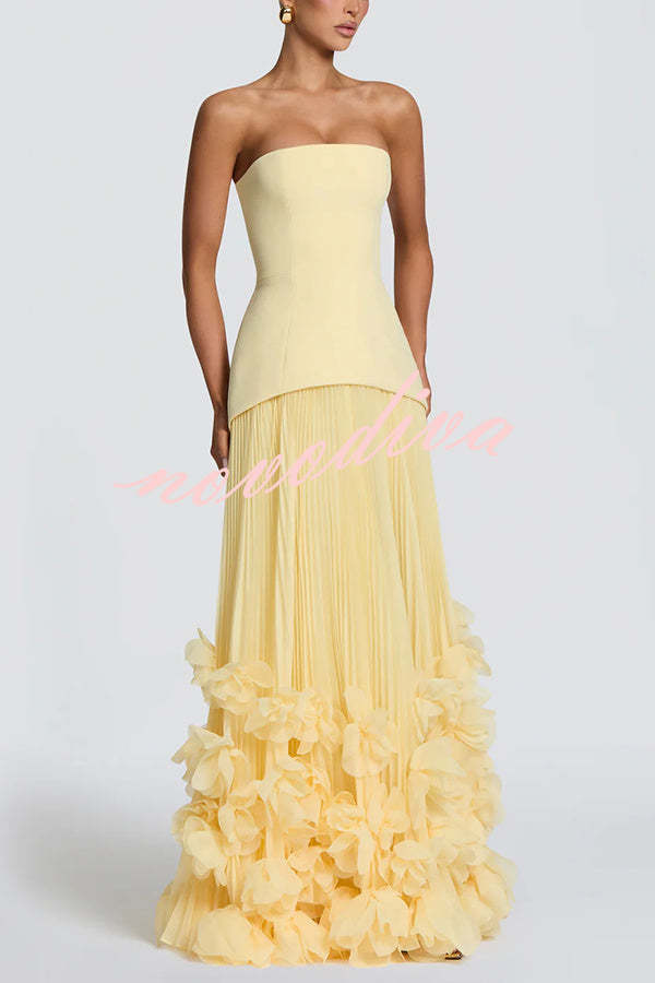 Vestido largo de gala Serafina palabra de honor con apliques florales hechos a mano, bajo plisado y lazada en la espalda