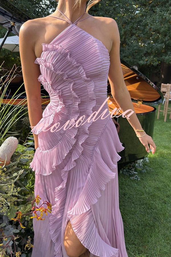 Vestido largo de gala halter Dream Ode con pliegues y volantes estilo nenúfar