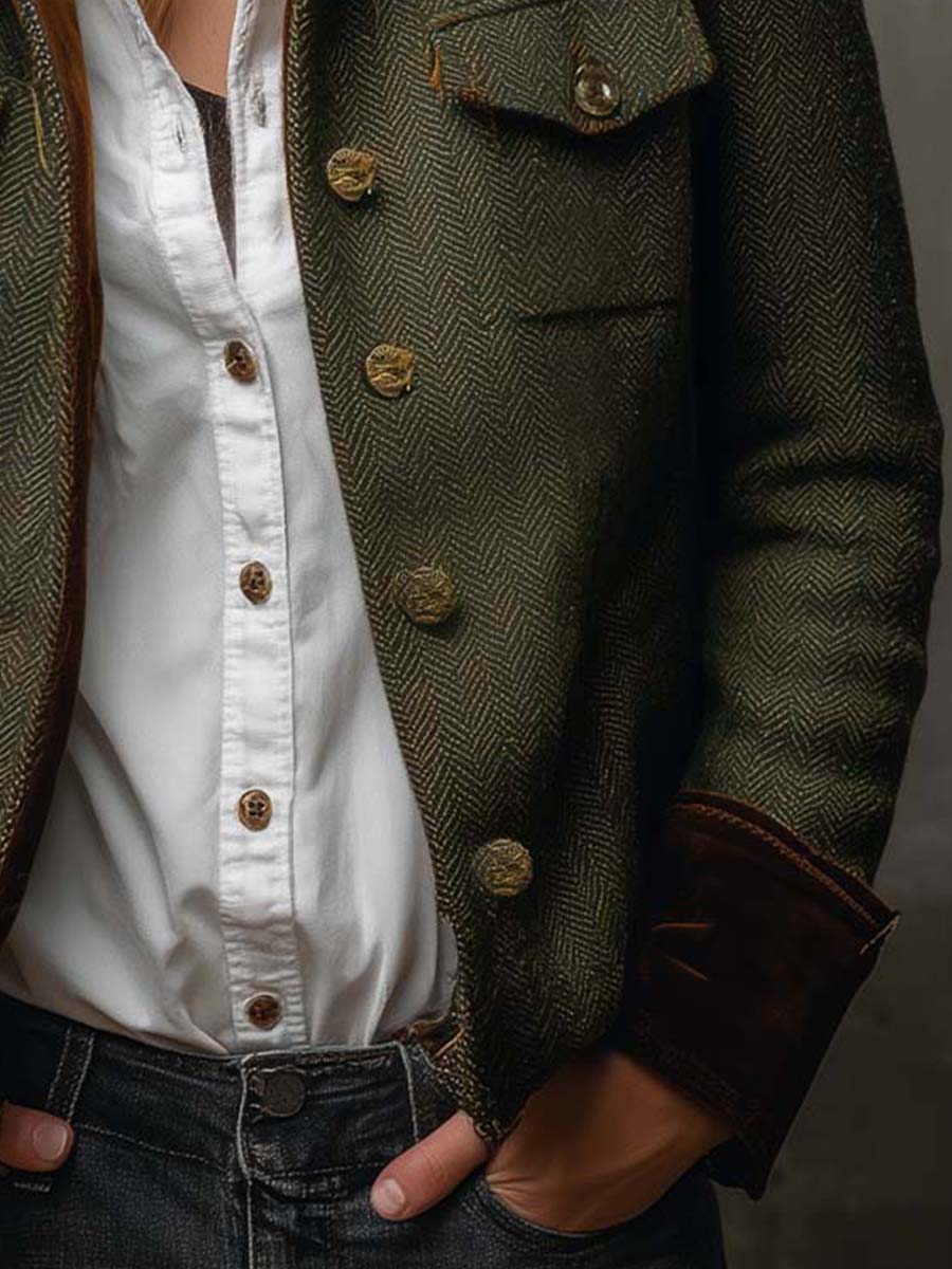 Honoria | Blazer Vintage De Espiga Con Ribetes En Contraste