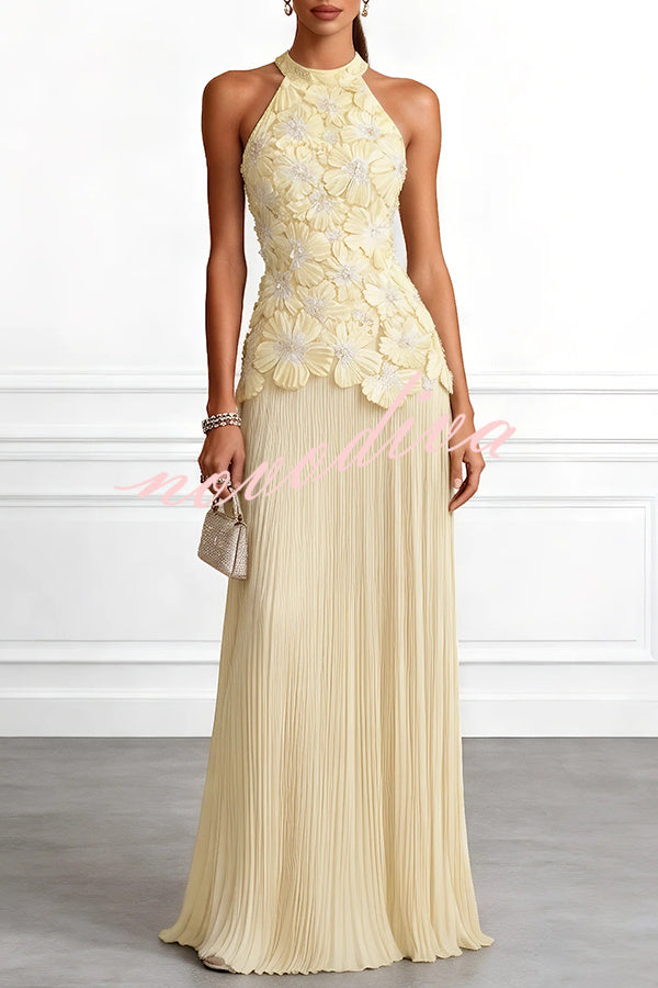 Vestido largo halter Emilie sin mangas con bordado floral 3D y bajo de gasa plisada