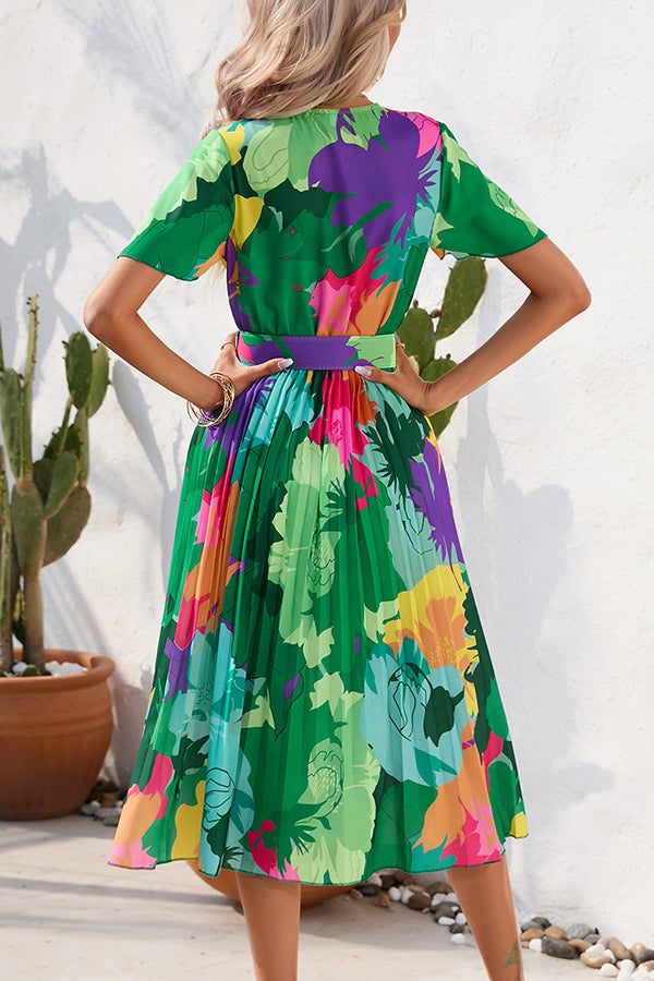 Vestido midi Paulette plisado con estampado floral en contraste y cinturón