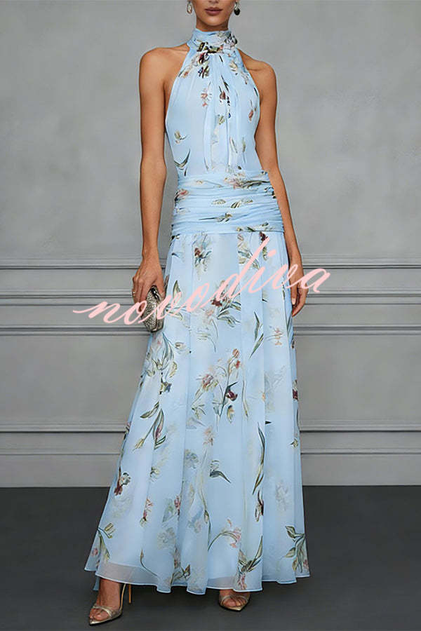 Vestido Aria floral halter fruncido