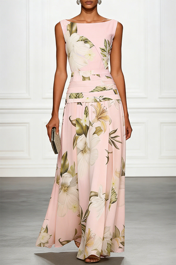 Vestido largo clásico con estampado floral, escote barco, cintura fruncida, sin mangas y corte en A