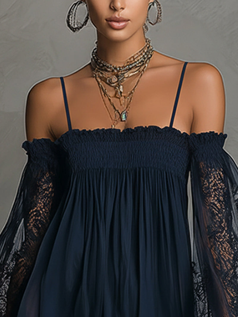 Noemi™ | Vestido mini de gasa y encaje azul marino