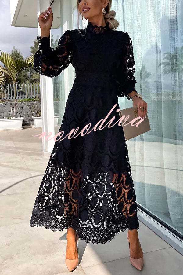 Vestido midi de fiesta Romántico, Sensual y Elegante de encaje de ganchillo con manga farol