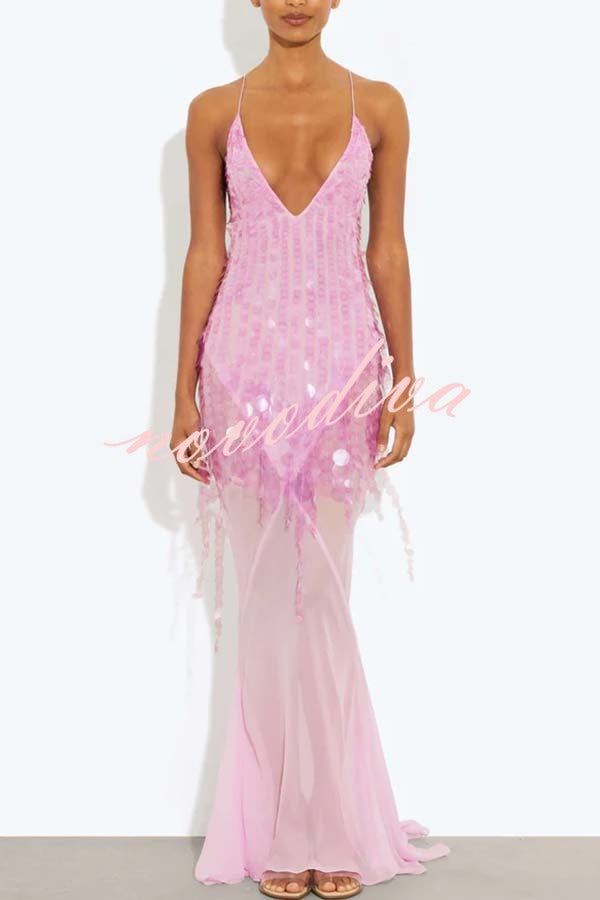 Vestido largo lencero Noche Perfecta de lentejuelas bordadas con espalda descubierta y bajo drapeado de tul