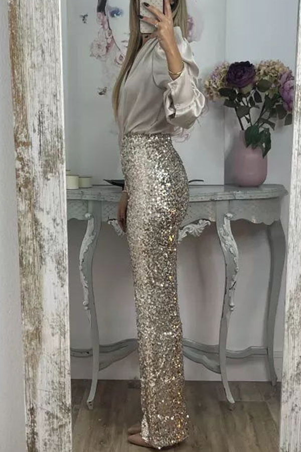 Pantalón ancho Glamour Deslumbrante de lentejuelas de talle alto con cintura elástica
