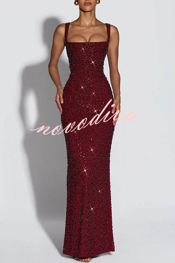 Vestido largo Calanthe de gasa con lentejuelas, fruncido, escote cuadrado y lazada en la espalda