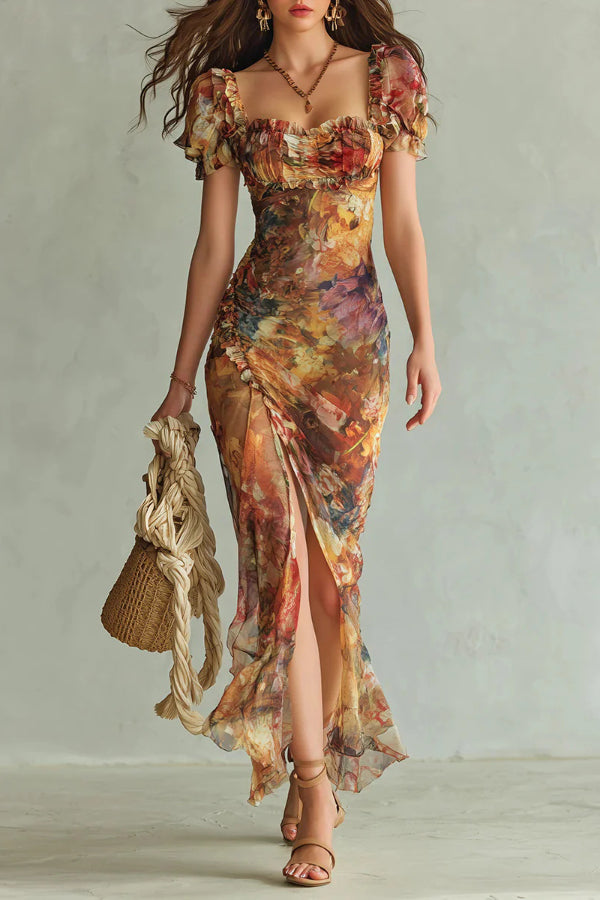 Vestido largo elegante con estampado floral, manga corta, escote cuadrado, volantes y abertura