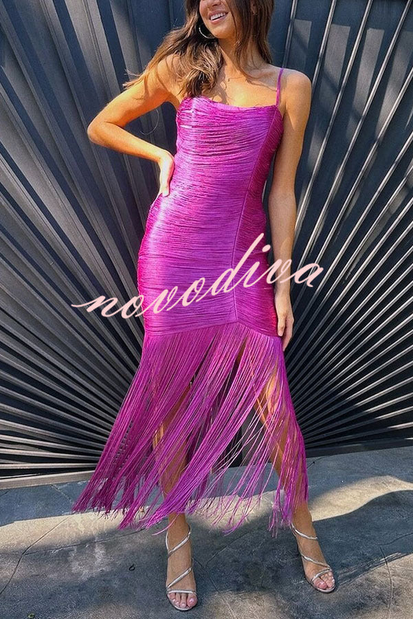 Vestido largo lencero Cocktail Party con flecos, cuello caído, sin mangas y bajo drapeado