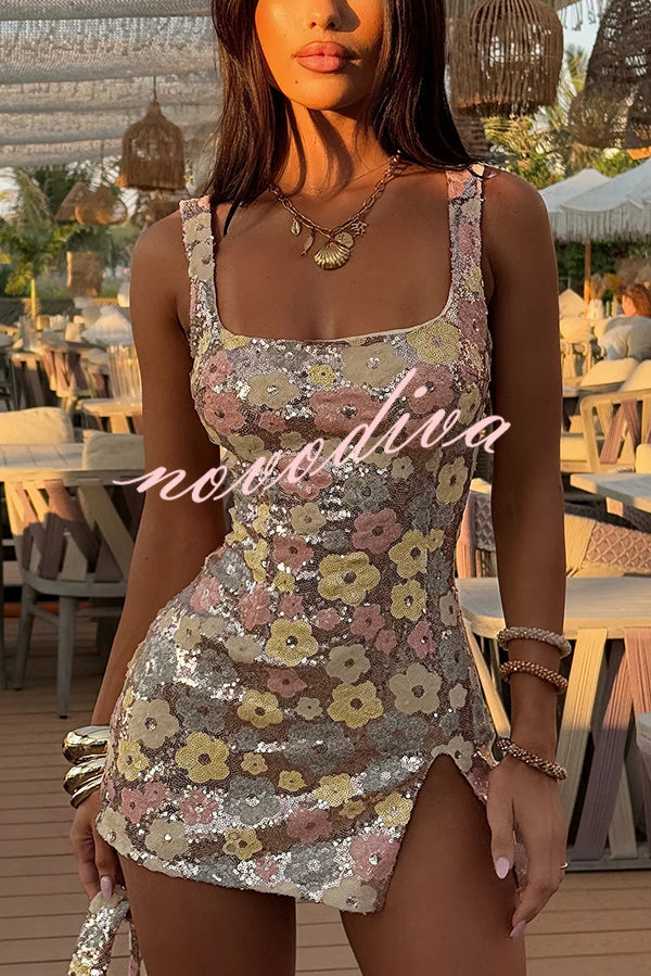 Minivestido ajustado sexy con flores de lentejuelas y escote cuadrado