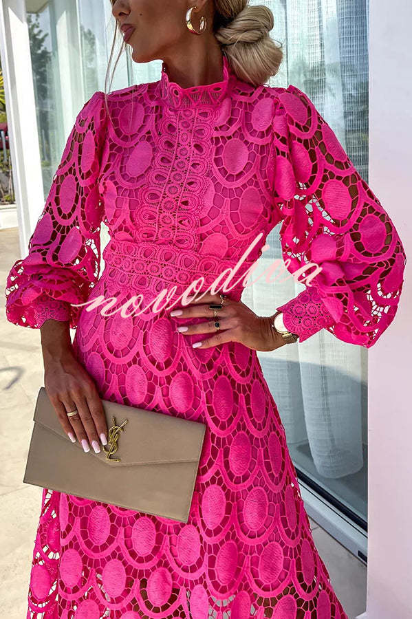 Vestido midi de fiesta Romántico, Sensual y Elegante de encaje de ganchillo con manga farol