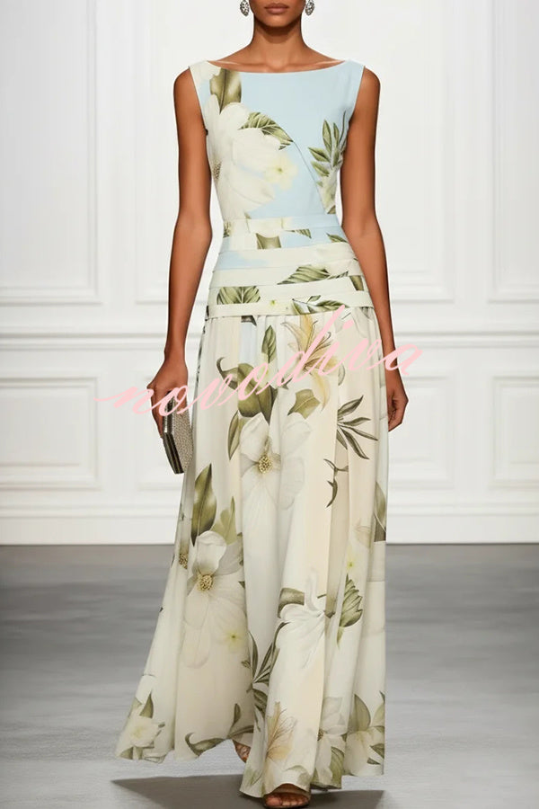 Vestido largo clásico con estampado floral, escote barco, cintura fruncida, sin mangas y corte en A