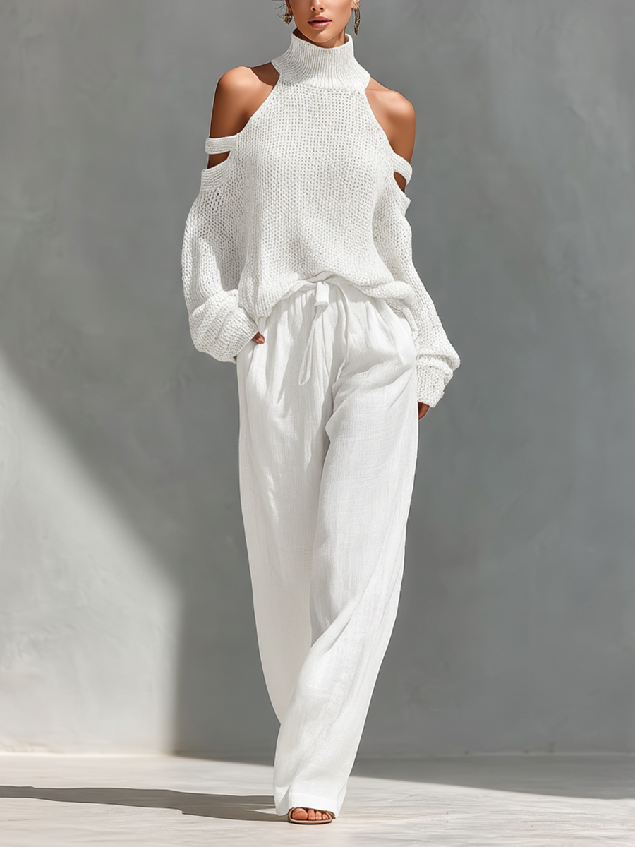 MARIA | Conjunto de top de cuello alto con hombros descubiertos y pantalón ancho de punto