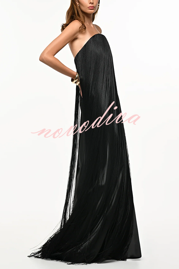 Vestido largo de gala hasta el suelo Dreamy Eye-catching con flecos brillantes y hombros descubiertos