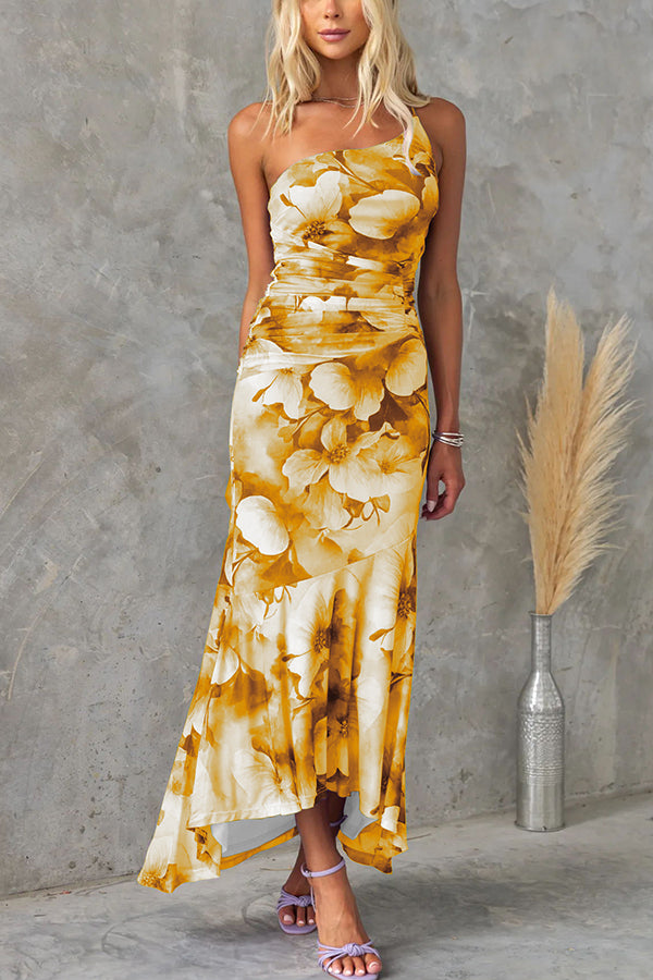 Vestido largo elástico Deja con capa de malla, estampado floral, asimétrico y fruncido