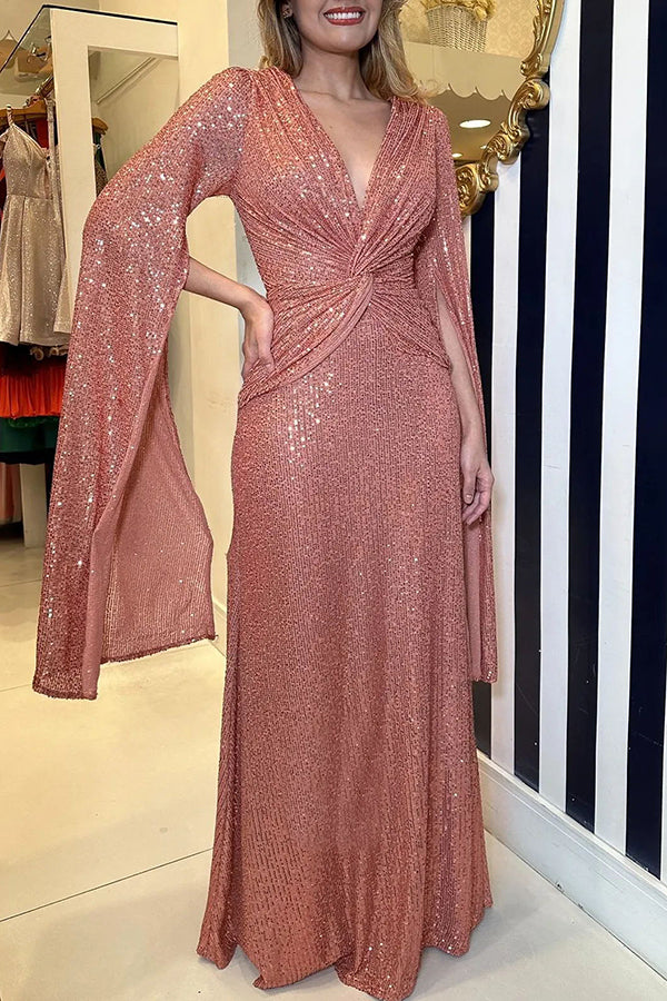 Vestido largo de noche Brilla Más de lentejuelas con manga capa y cintura cruzada