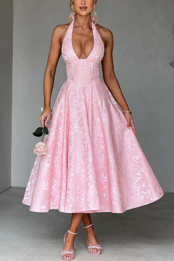Vestido midi elegante de jacquard con cuello halter, cintura entallada y espalda abierta