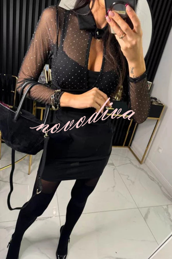 Minivestido elástico Stevie de malla con brillo, cuello camisero con abertura y manga larga