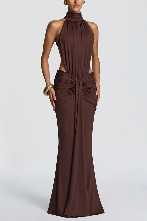 Vestido largo Thekla de punto elástico y fluido con cuello alto, fruncido, espalda descubierta y drapeado
