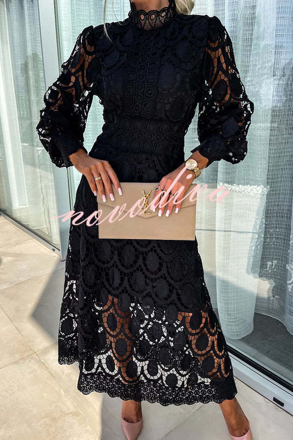 Vestido midi de fiesta Romántico, Sensual y Elegante de encaje de ganchillo con manga farol