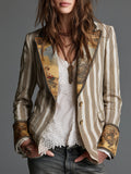 Blazer Boho de Solapa Estampada a Rayas para Mujer