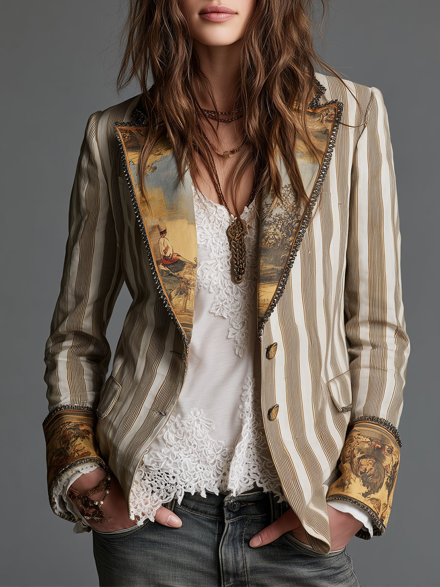 Susana | Blazer Bohemio de Rayas con Cuello Estampado
