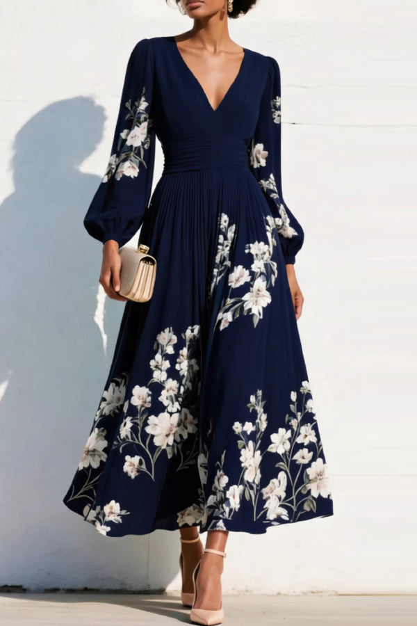 Vestido largo casual con estampado floral, escote en V, manga larga y cintura entallada