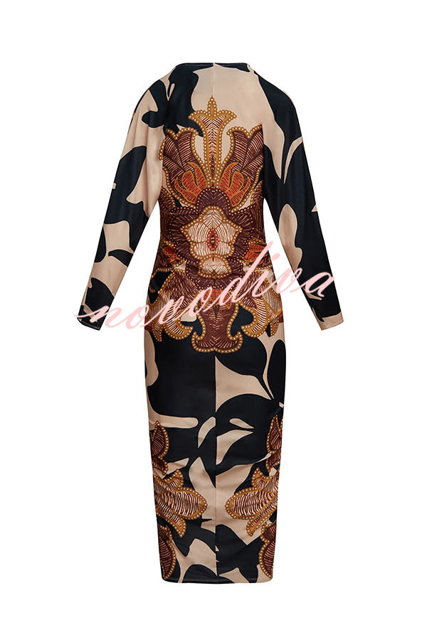 Vestido midi Verra con estampado único, manga murciélago larga, fruncido y abertura