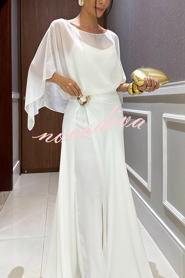 Conjunto Vivian de top capa de gasa y pantalón ancho cruzado con hebilla metálica