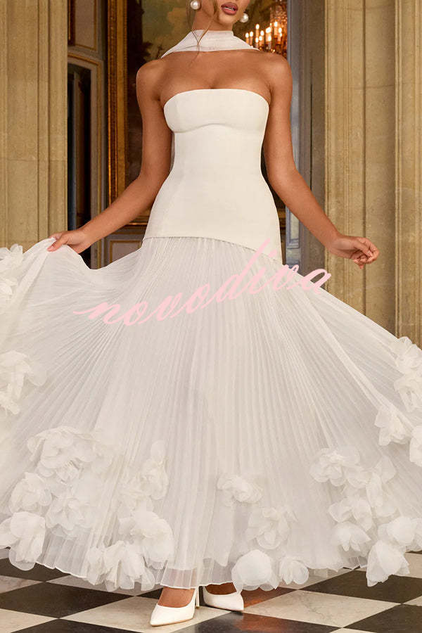 Vestido largo de gala Serafina palabra de honor con apliques florales hechos a mano, bajo plisado y lazada en la espalda