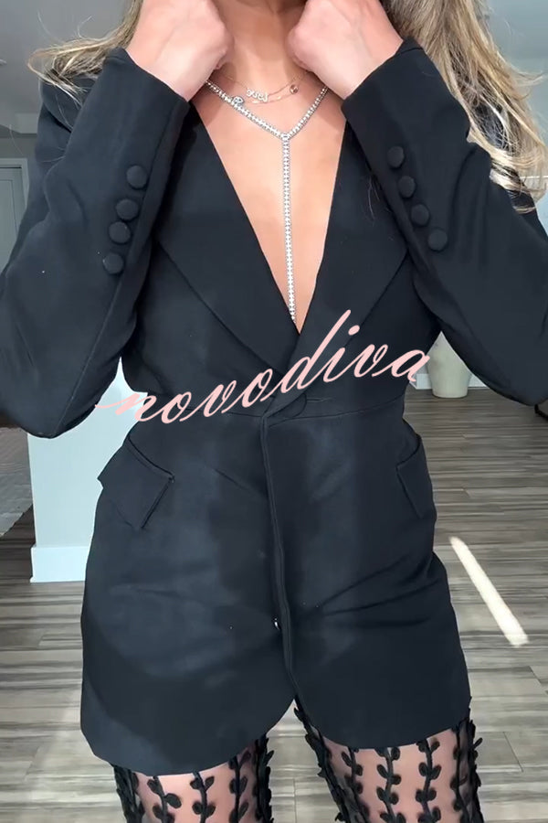 Blazer Temperamento de Reina con solapa, manga larga, botones y espalda descubierta