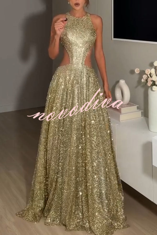 Vestido largo con vuelo Dazzling Night de lentejuelas con cuello redondo, abertura en la cintura y espalda descubierta