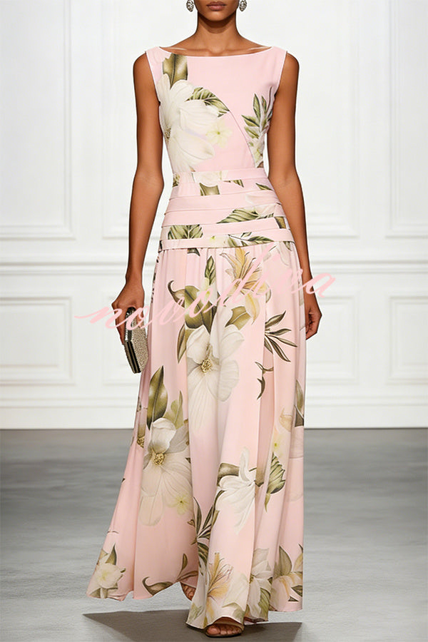 Vestido largo clásico con estampado floral, escote barco, cintura fruncida, sin mangas y corte en A