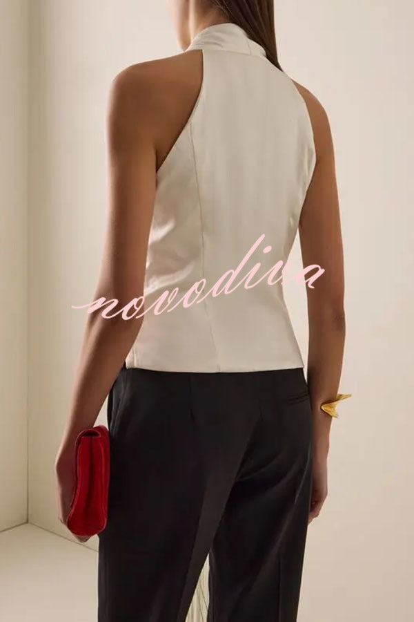 Top midi Dramatic Effect con escote profundo, sin mangas y flecos drapeados irregulares
