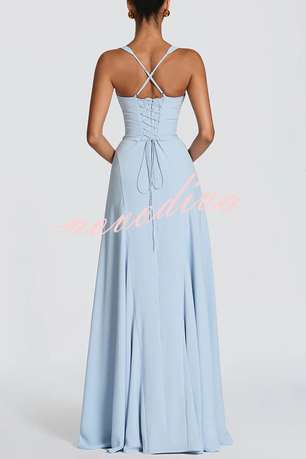 Vestido largo Irie drapeado de gasa con escote corazón, tirantes estrechos y lazada en la espalda